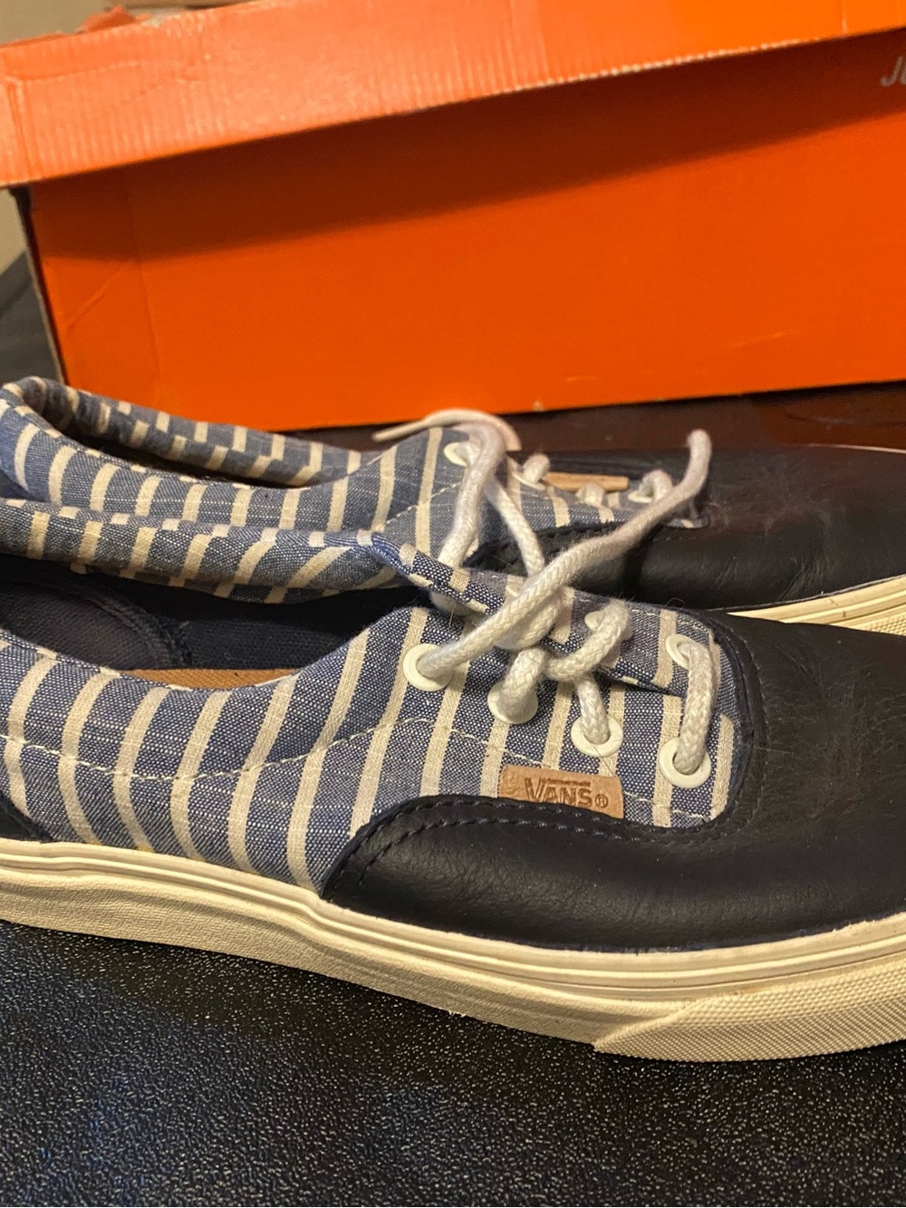 Vans Navy Leather & White-Striped Canvas Low-Top Sneakers